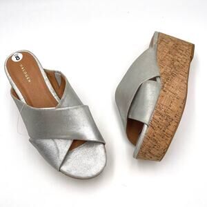 NEW - Halogen Elena Metallic Silver Platform Cork Wedge Slide Sandals size 8